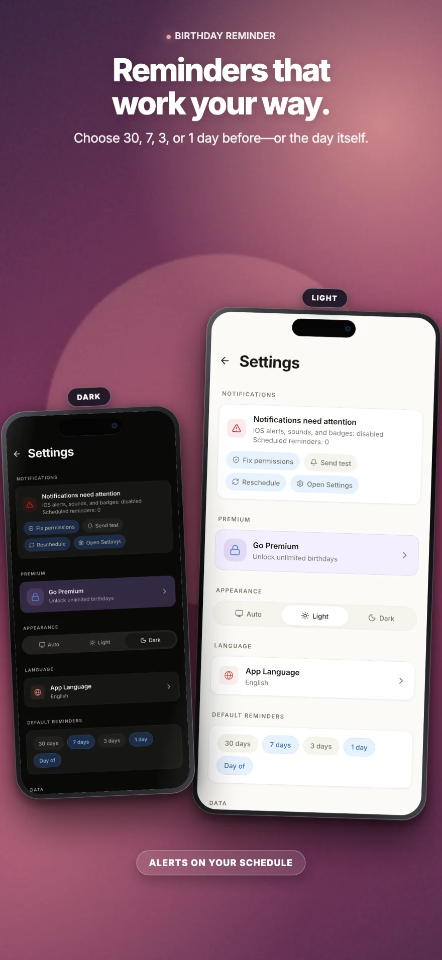 Flexible reminder settings in light and dark mode